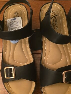 American Exchange Black Sandals with Gold Buckles
